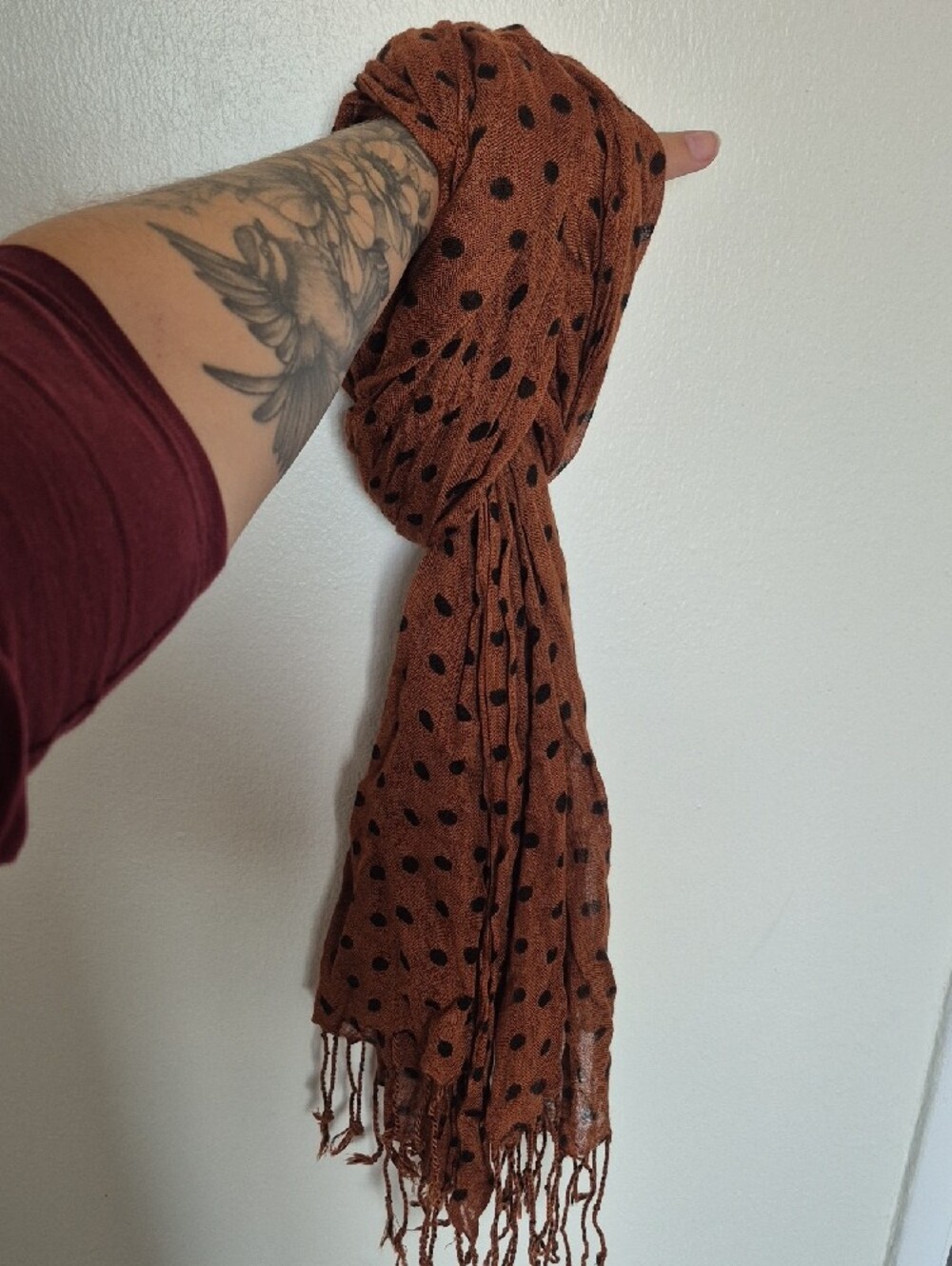Brown Polka Dot Fringe Scarf - Stylish Womens Accessory